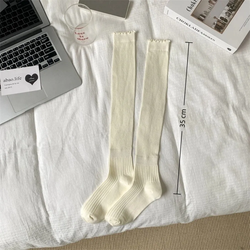 Harajuku لوليتا الكشكشة طويلة مكدسة الجوارب الدافئة بلون جوارب طويلة إلى الركب عمودي مخطط فوق الركبة جوارب الخريف الشتاء