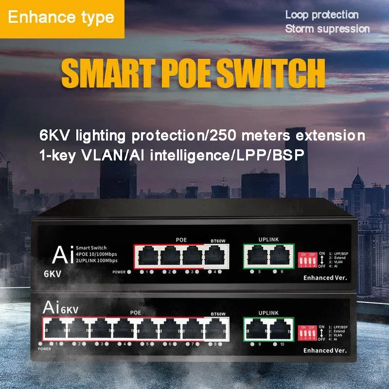 Gigabit AI POE Switch 4/8 Port 6KV Lightning Protection Loop Elimination VLAN Intelligent Restart 250m Extension Network Switch