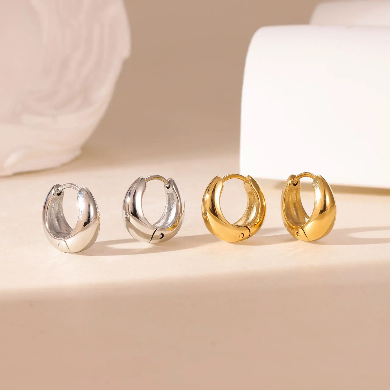 Stainless Steel Chunky Teardrop Huggie Earrings  Waterproof Puffed Hoop Earrings | Minimalist Fashion Jewelry