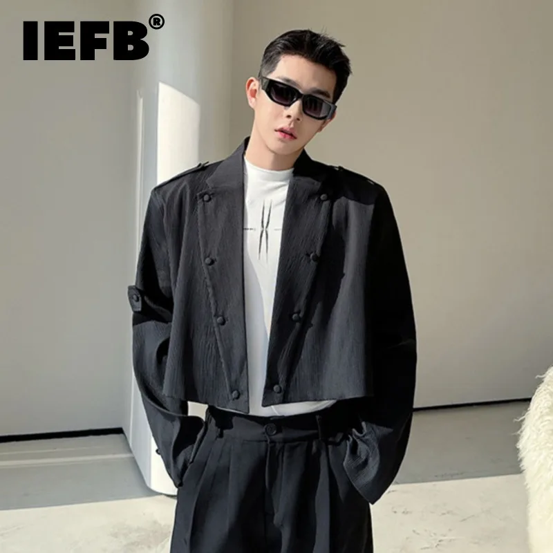 IEFB New Men's Short Jacket Trend Double Breasted Male Suit Coat Korean Chic Turn-down Collar 2024 Spring Trendy Blazer 9C5129