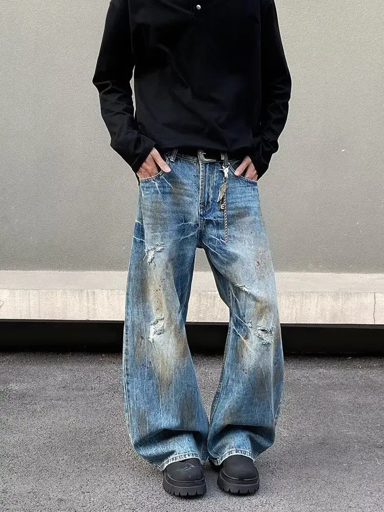 2000S Kleidung Y2K Grunge Old Dirty Washed Blue Baggy Zerrissene Jeans Hosen Für Männer 90S Vintage Kleidung Denim Hosen Ropa Hombre – Detail 12