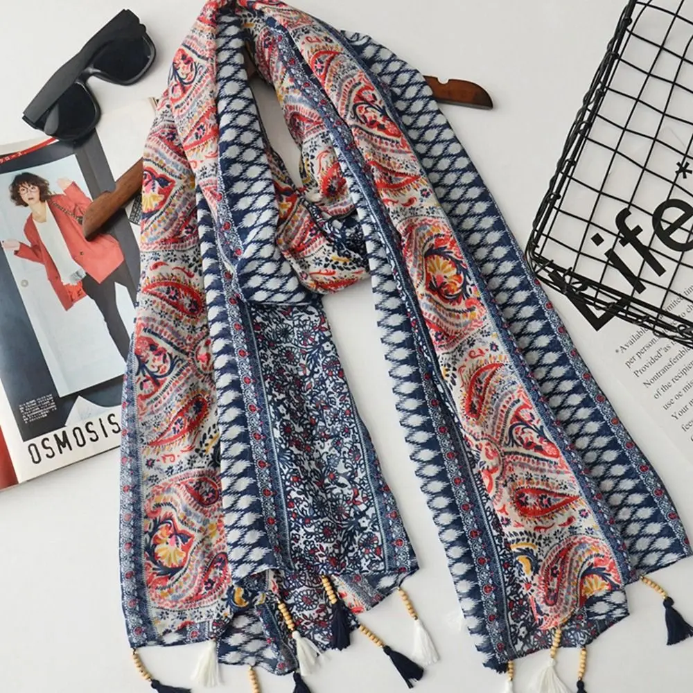 

Cashew National Style Ethnic Style Wood Beads Female Wraps Bohemian Style Shawl Korean Style Scarves Cotton Linen Scarf