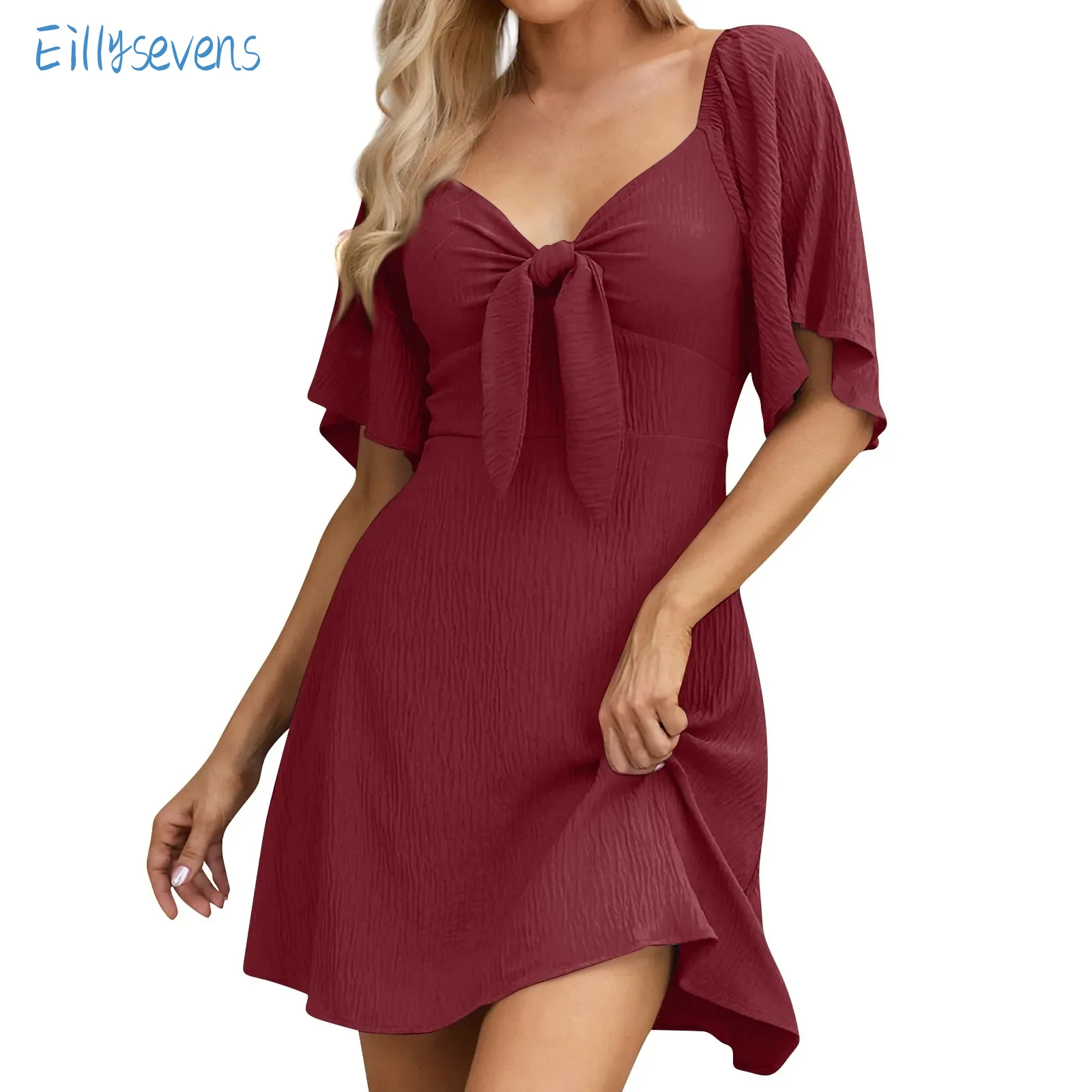 Women 2024 New Dresses Summer Sexy Deep V Neck Elegant Bow Tie Dress Classic Solid Color Comfy Soft Patchwork Corset Mini Dress