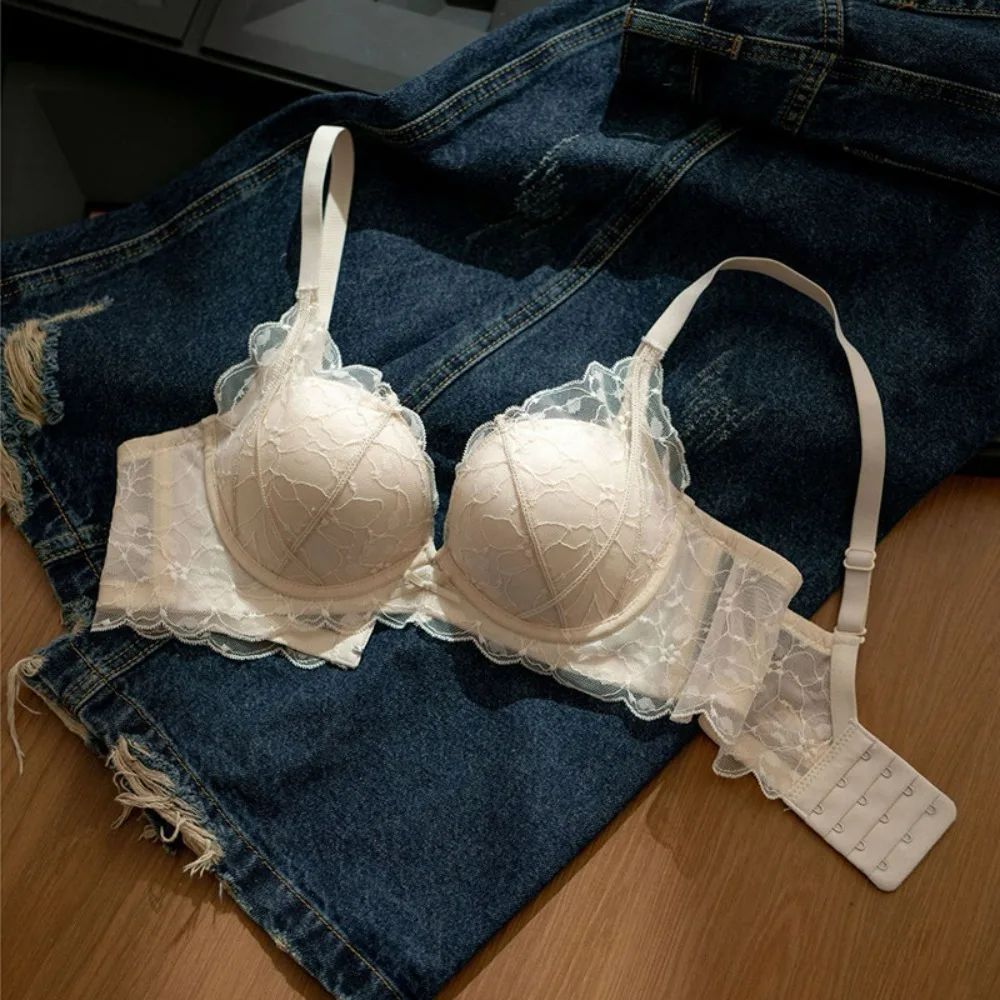 French Floral Lace Wireless Bra Women Adjustable Shapewear Small Bust Push Up Side Collection Anti Sag Soft Daily Wear Brassiere