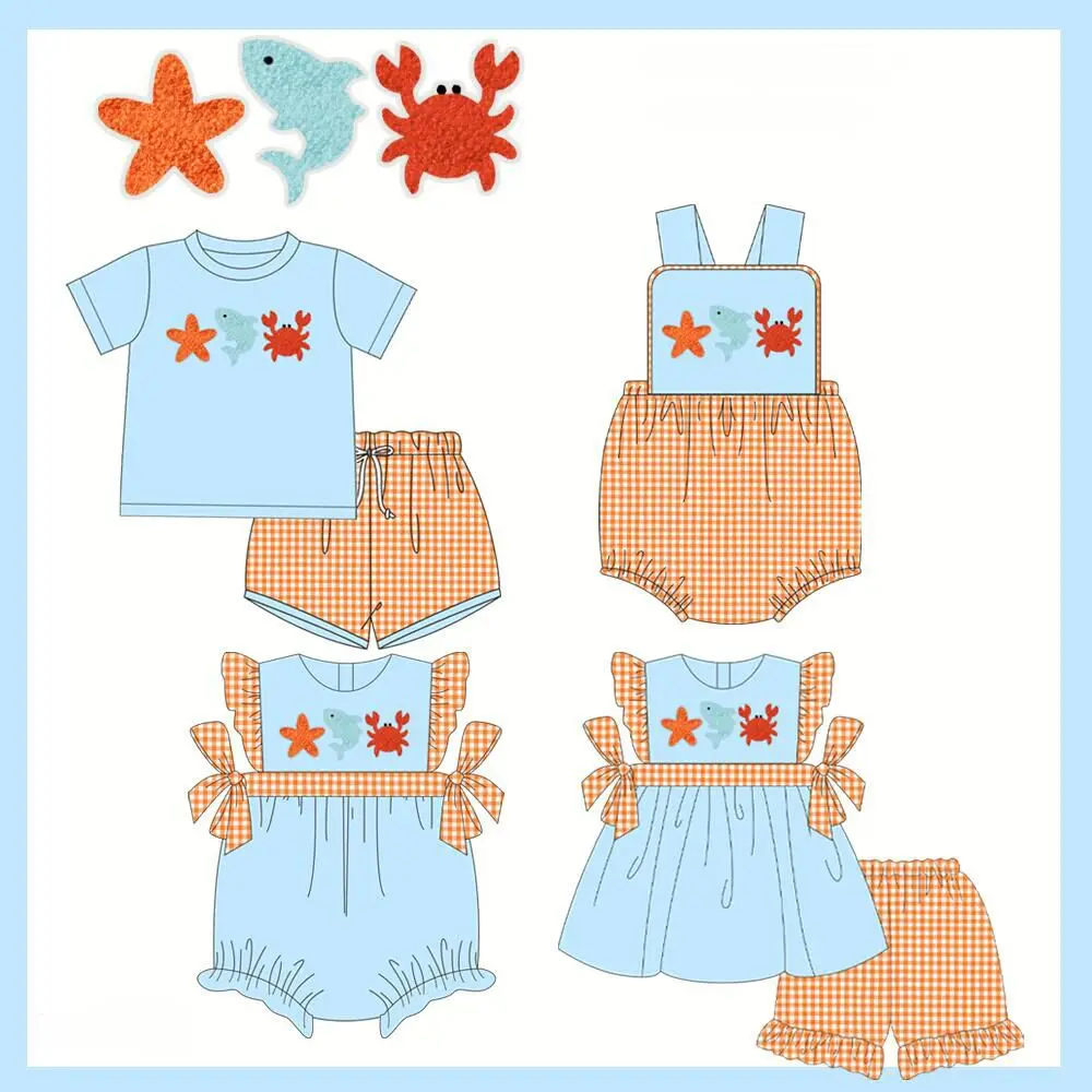 New children's summer suit girl girl matching suit crab starfish print pearl suit romper cute milk silk