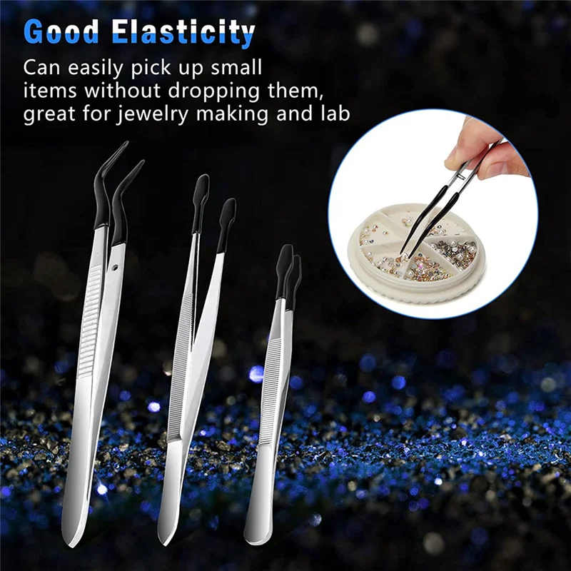3 Pcs Tip Tweezers with Rubber, Non-Marring Silicone Tipped Tweezers Rubber Bent Tip Flat Tweezers, Lab Tweezers