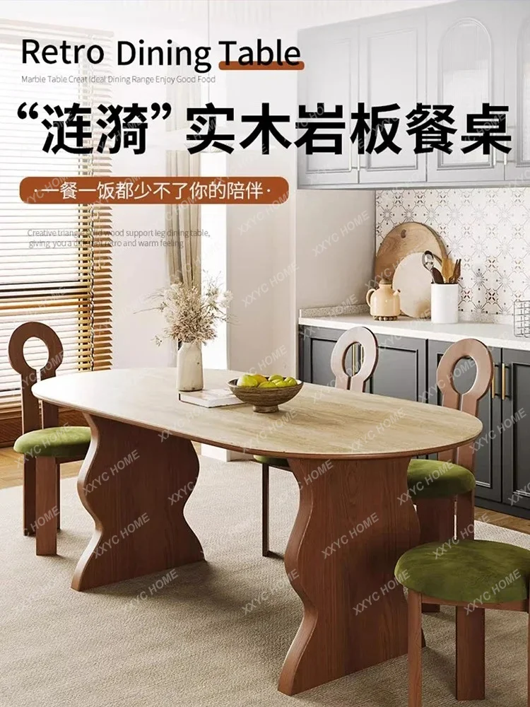 .Retro Solid Wood Stone Plate Dining Table Rectangular Home Table and Chair Combination Modern Minimalist