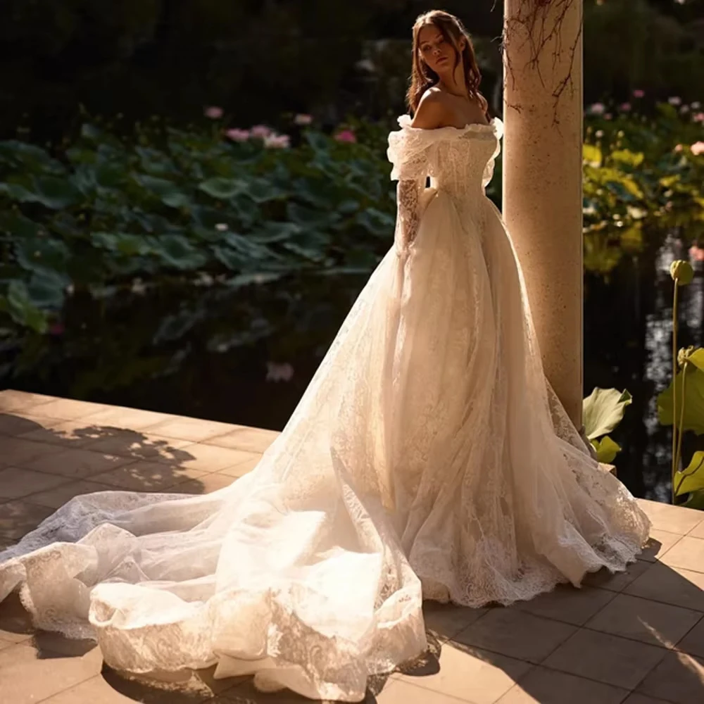 Abiti da sposa personalizzati in pizzo con spalle scoperte per donna Sposa elegante manica a sbuffo con volant abito da sposa formale vestido da festa