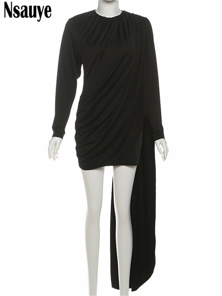 Nsauye موضة جديدة للنساء شريط كم طويل مثير فستان الحفلات المسائية ملابس النادي الليلي 2025 فستان قصير أسود ملفوف شتاء