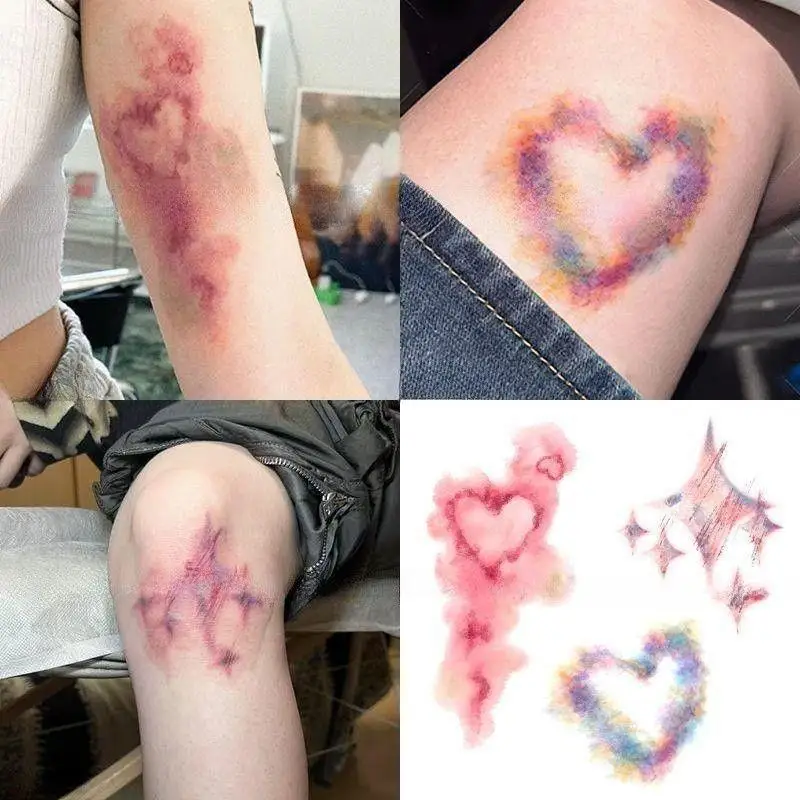 Halloween 4 Sheets Fake Tattoo For Women Colorful Bruise Tattoos Halloween Makeup Rainbow Heart Scar Temporary Tattoo Stickers