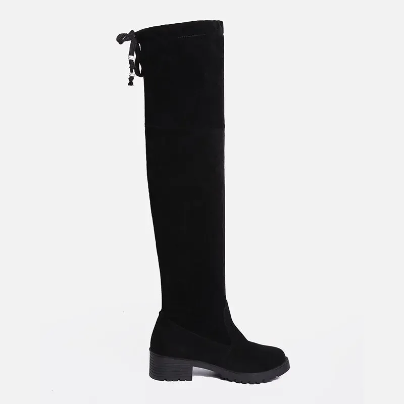 Women\'s Shoes 2024 Brand Rear Lacing Women\'s Boots Fashion Round Toe Dress Boots Women Winter Square Heel Over-the-Knee Boots