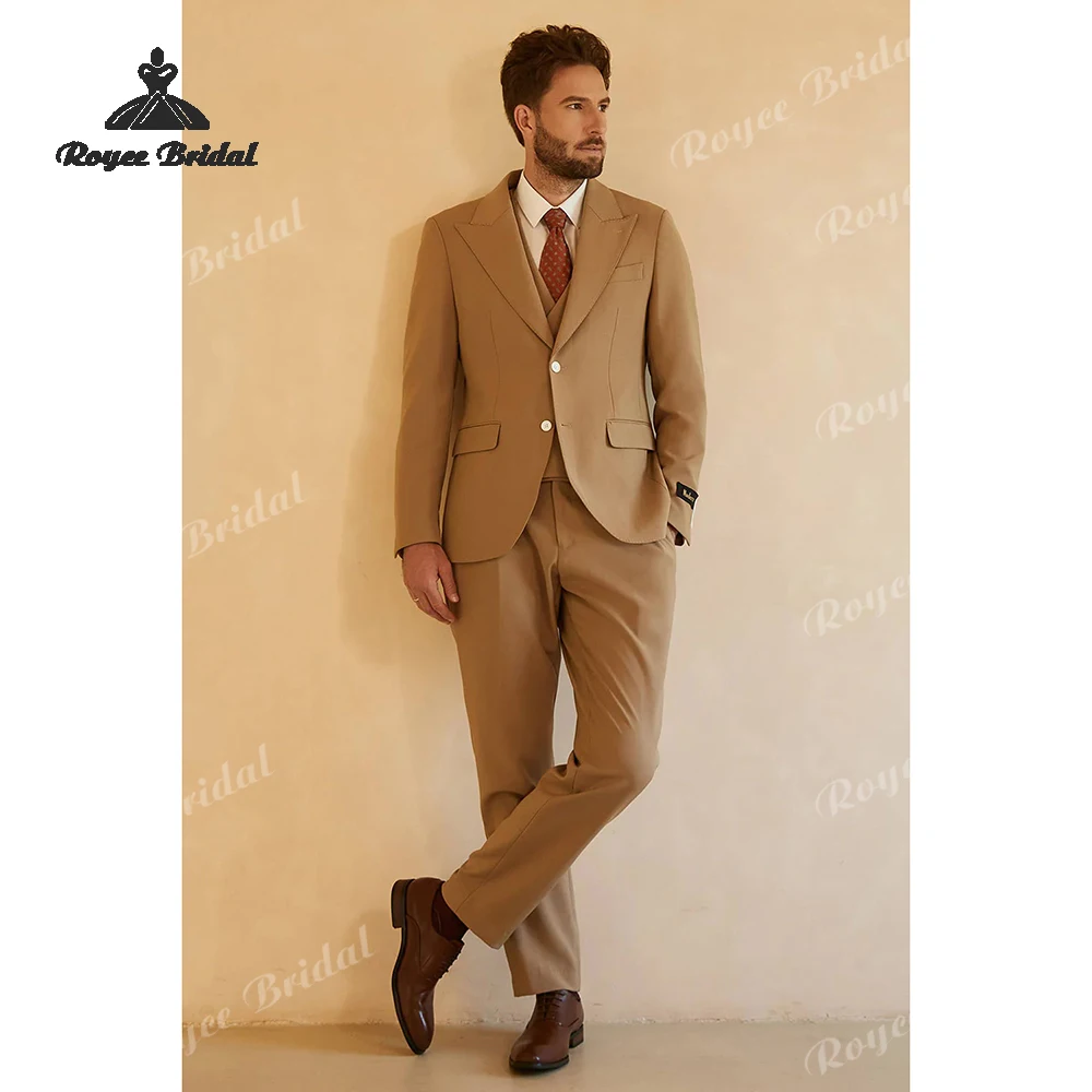 Bruin driedelig heren trouwpak 2026 enkele rij knopen piek revers formele avond pak kostuum homme mariage