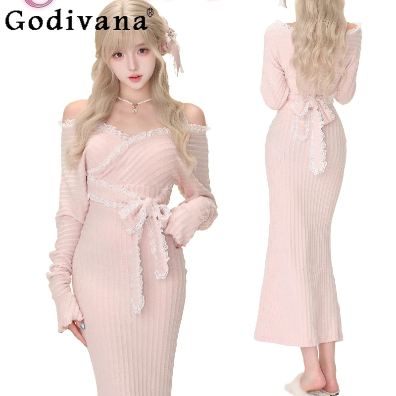 Doce fora do ombro vestido de cintura fina para as mulheres outono inverno rosa malha vestido longo feminino estilo japonês bonito bodycon vestido
