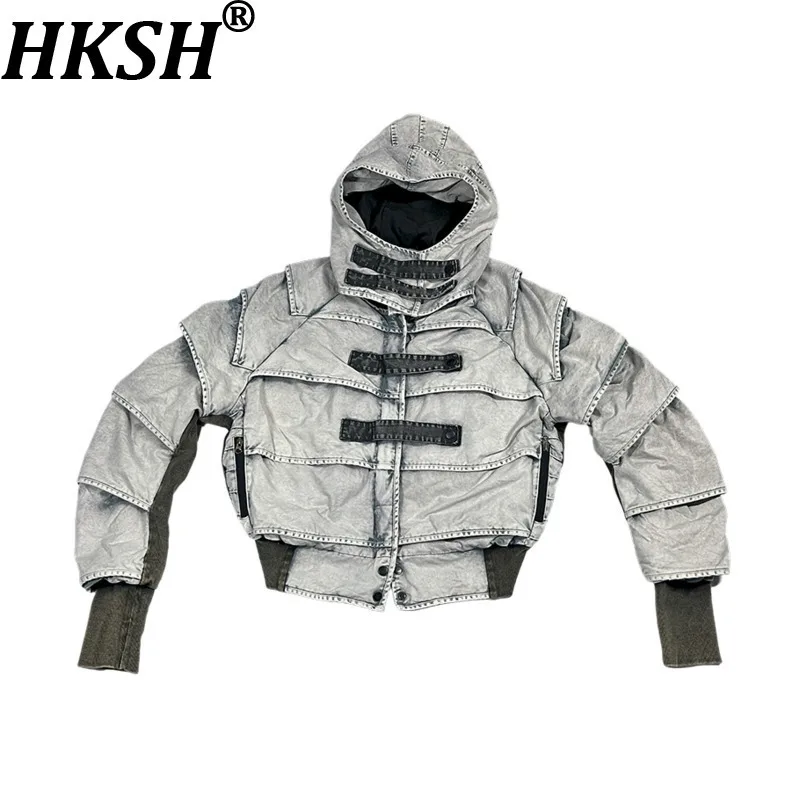 

HKSH Autumn Winter New Men Waste Land Original Design Techwear Heavy Coat Faded Vintage Pleated Hooded Chic Casual Jacket HK6474