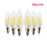 10 pcs/lot C35 C35L E14 LED Light Lamp Bulbs 4W 6W Candle Incandescent Lighting AC 220V Edison Filament Bulb Chandelier For Home