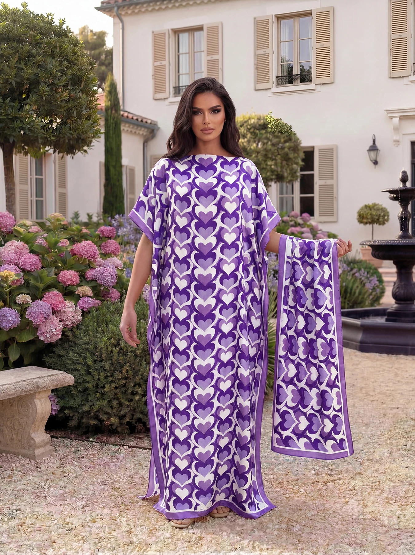 English: Heart Ginkgo Print Satin Abaya Scarf Set, Loose Batwing Maxi Kaftan Muslim Women Summer Beach Holiday Wear