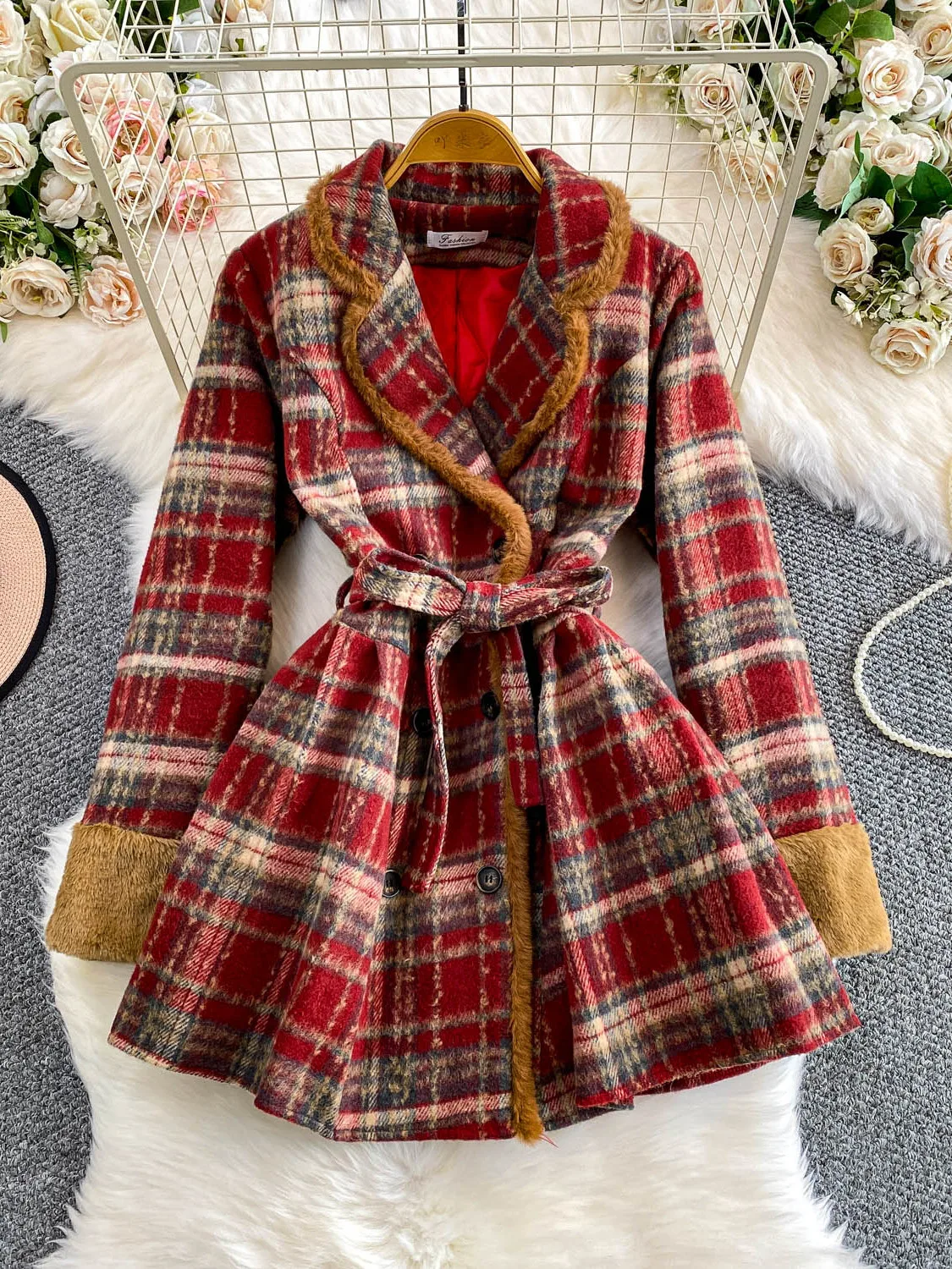 

Briti Sle тяжелое рабочее шерстяное пальто в клетку женское зимнее пальто миди с застежкой на талии воротник костюма Jaet корейский свободный крой