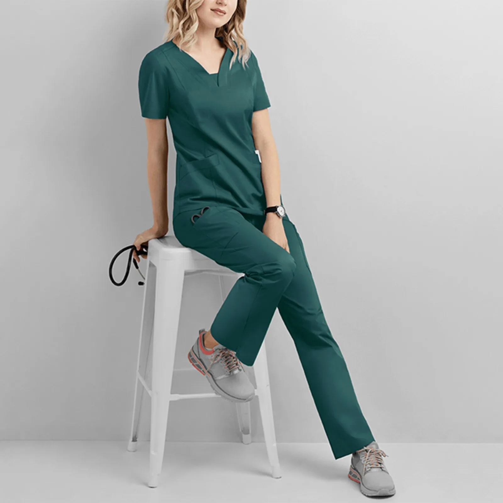 Nursed Blouse V-Neck Pocket Care Workers T-Shirt Tops Care Workers Nurse Uniform Workwear Women Hospital Solid Color Working