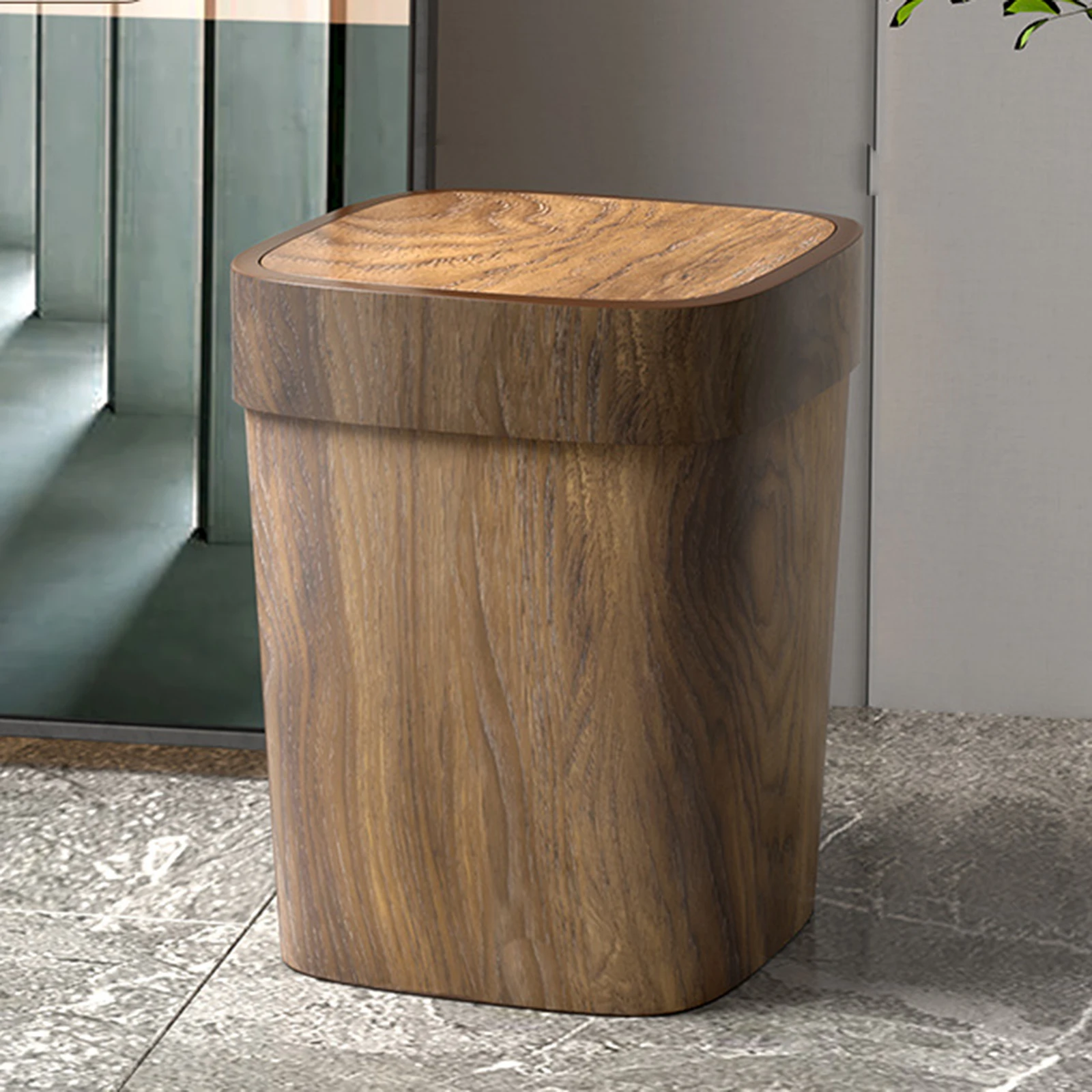 New Chinese Style Retro Imitation Wood Grain Trash Can with Lid Compact Rectangular Trash Bin for Home Creative Living Room