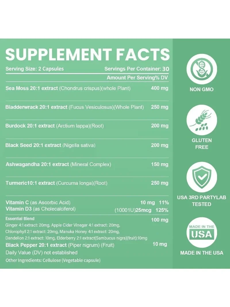 Seaweed, Black Seed Oil Bladderwrack 、 Burdock Root, Turmeric, and Vitamin C D3 Elderberry ACV Black Pepper, 60 Capsules