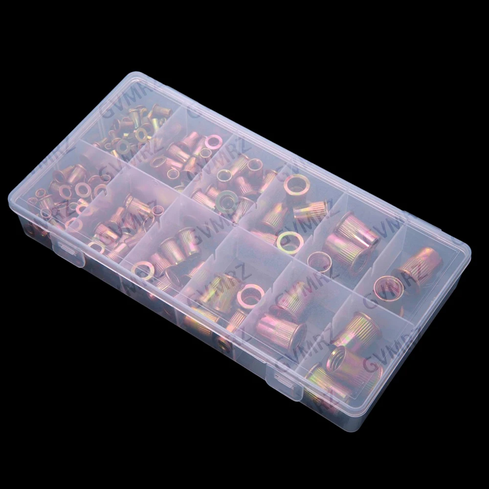 165PCS M3-M10 M3 Color-coated Zinc Carbon Steel Flat Head Rivet Nuts，Through-hole Striped Knurled Press-fit Nuts M8 M10 M12 M4