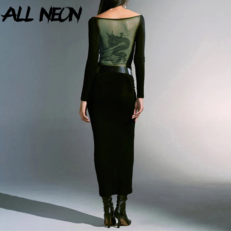 

ALLNeon 2000S Aesthestics Dragon Pattern Slim Long Dress Lady Elegant Sexy Back Mesh Bodycon Dresses Chic Fall Outfits Y2K 2023