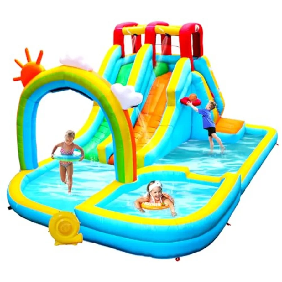 Inflatable Water Double Slides Park for Outdoor Use PVC Material Rainbow Color Includes Blower Shooting Game Rock Climbing and
