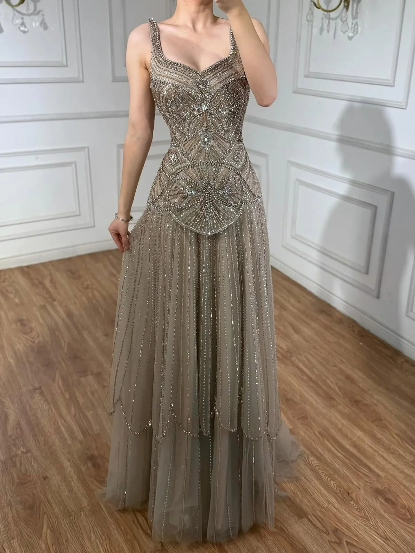 Aenyrst Luxury Spaghetti Strapless Sequins Elegant Beaded A-Line Evening Dress Formal Party Gown Exquisite Customized