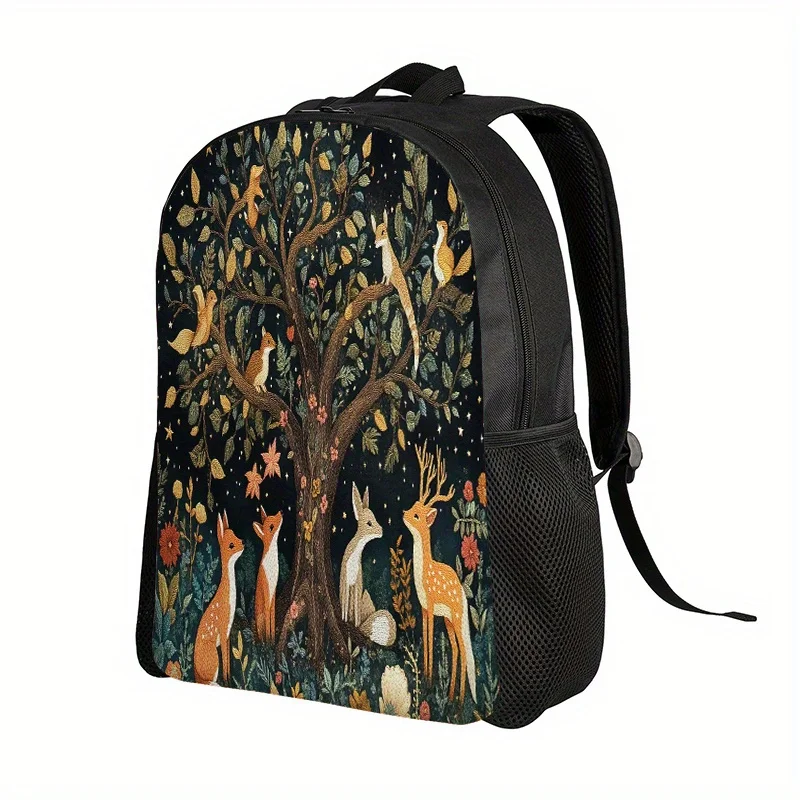 

2D Flat, Forest Night Themed Backpack with Adjustable Shoulder Strap - Dot Star and Wildlife Design, Zip Closure, Polyester