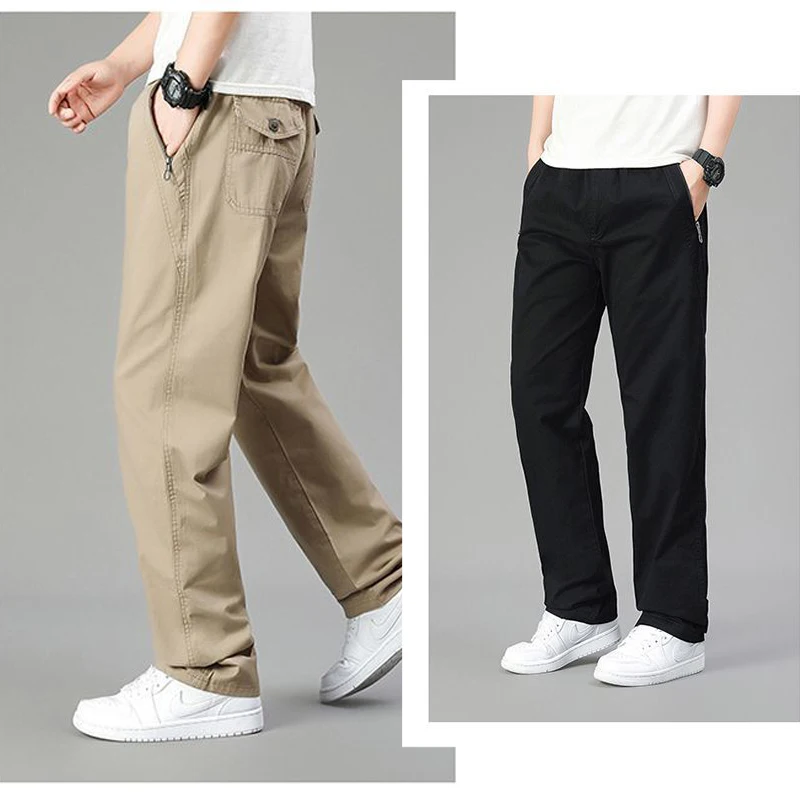 

Big Size Men's Cargo Pants Casual Loose Straight Pants Cotton Long Trousers Zipper Pockets Mens Jogger Pants