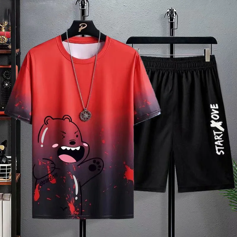 2Pcs/Set O-Neck Short Sleeve Elastic Waistband Casual Outfit Pockets Ice Silk Men Gradient Color Letter Print T-shirt Wide Leg S