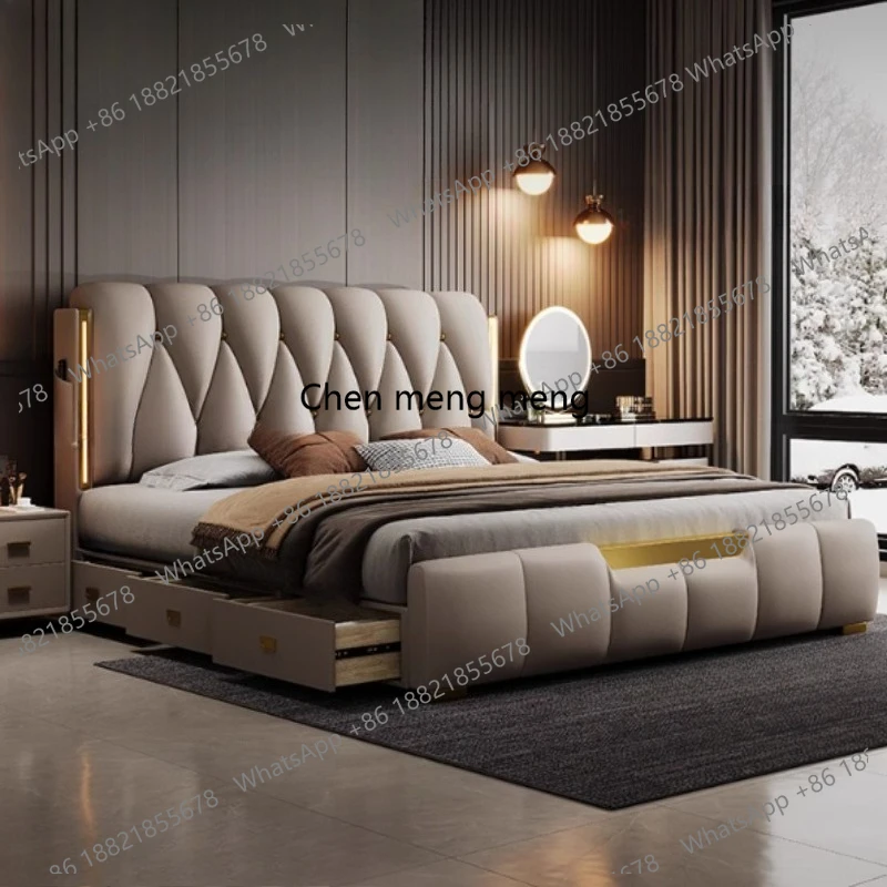 

High-end Wedding Bed 3 Drawers Storage Italian Napa Leather Double 2 People Frames King Size Queen Bedroom Furniture