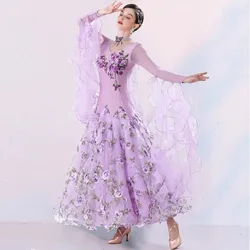 Vestido de competición de baile de salón para mujer, bordado de diamantes de imitación, manga larga, ropa moderna de Vals, 2023