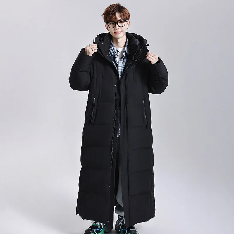 Men Thick Down Jacket Hooded Down Coats Covered Button Outerwear Ankle Length Cardigan Women Winter Spliced 2025 Pockets Casual