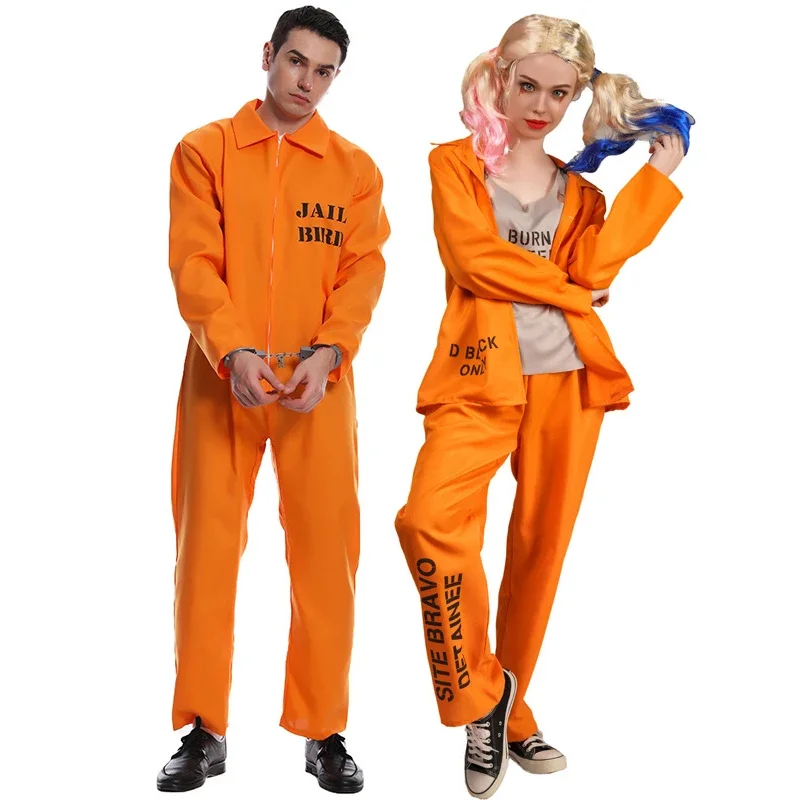 

Halloween Man Woman Prisoner Prison Jumpsuit Cosplay Costume Orange Prisoner Uniform Handcuffs Prison Clothes Carnival Costume