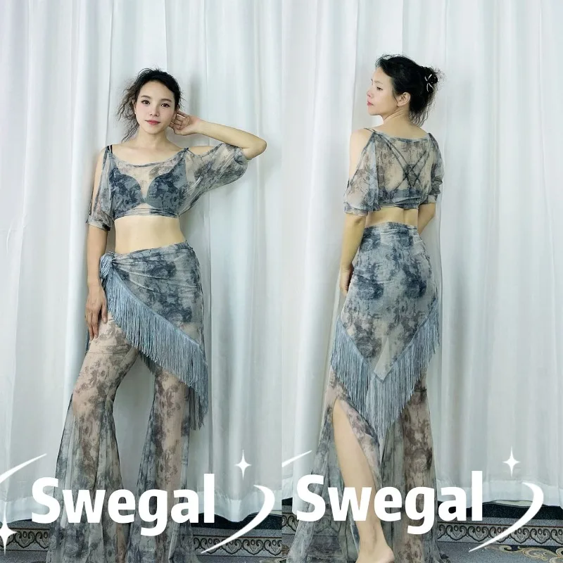 customized SWEGAL belly dancewear practice outfit ink wash gray print mesh bat sleeves slightly translucent and sexy costumes