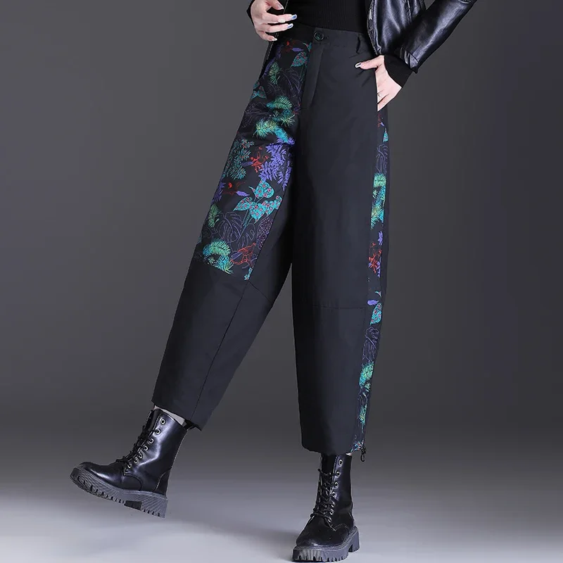 

2022 Winter Fall Women High Waisted Floral Printed Pattern Black Padded Warm Thick Pants , Woman Fashion Sustans Trousers