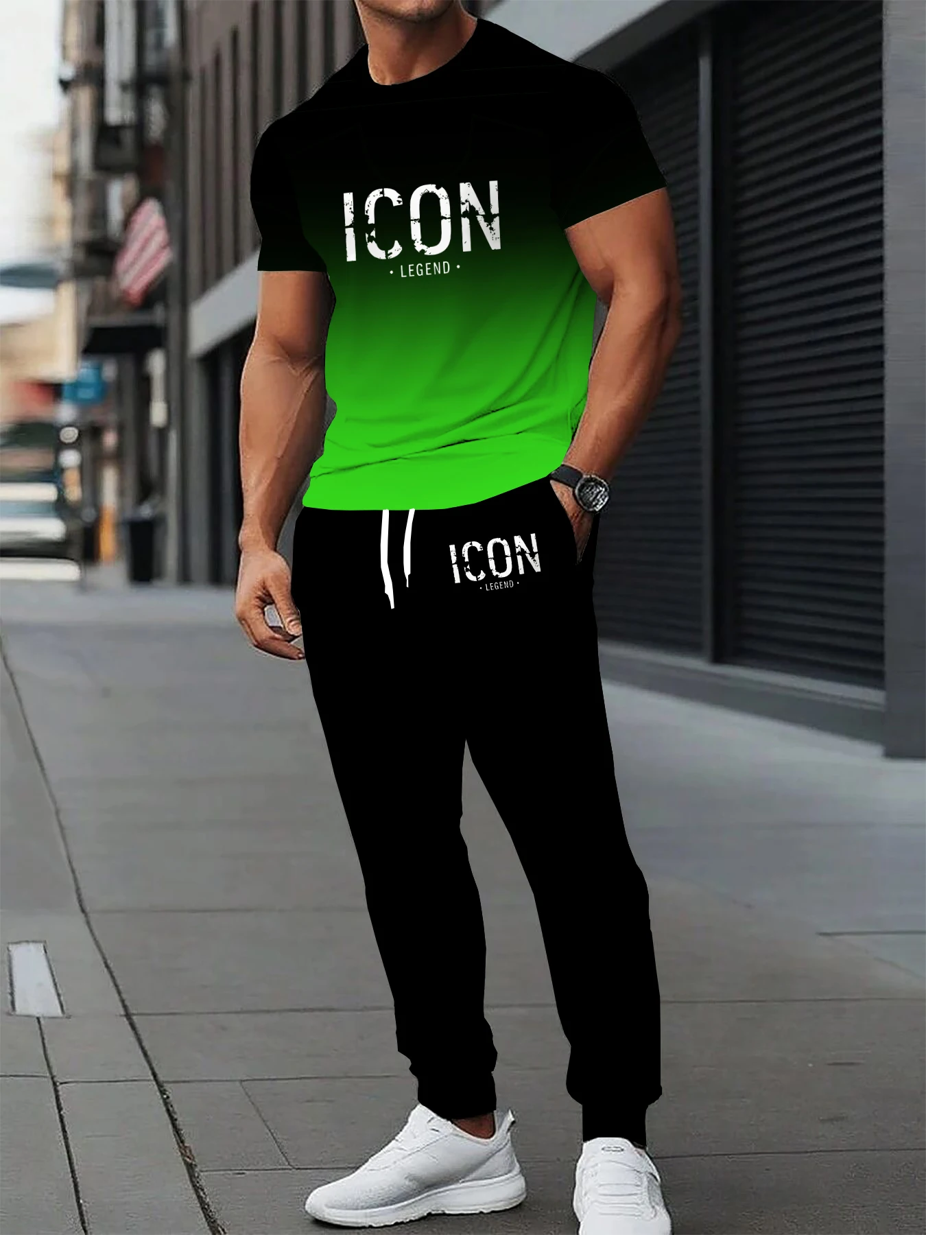

Summer men's casual two-piece set of short sleeved pants and drawstring pants with pockets knitted outdoor round neck sportswear
