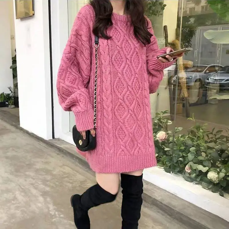 Autumn Winter New Fashion Round Neck Long Sleeve Solid Fried Dough Twists Sweaters Women's Clothing Medium Long Styles Chic Tops