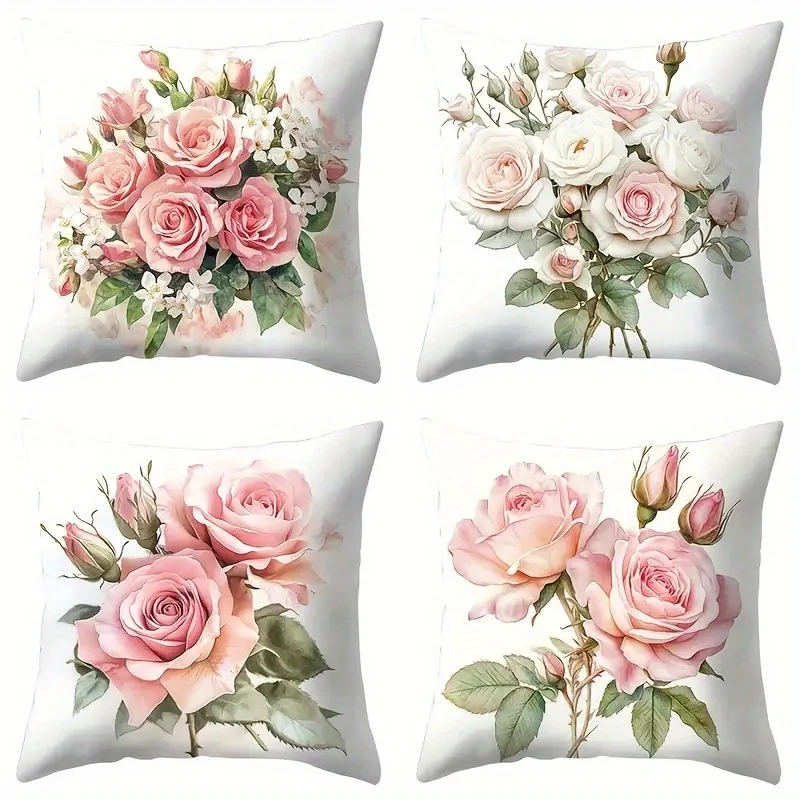 

4Pcs Watercolor Pink Rose Throw Pillow Covers Light Tone Floral Bud Leaf Print Cushion Cases for Sofa Living Room Bedroom Decor