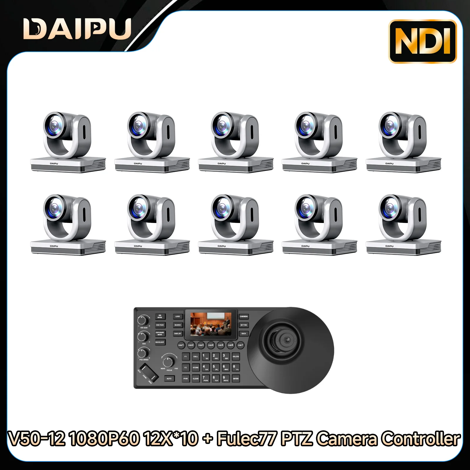 

DAIPU 1-10PCS V50-12 NDI PTZ Camera 1080P60 12X Optical Zoom+Fulec77 NDI PTZ Camera Controller, PTZ Camera Bundle, Church Zoom