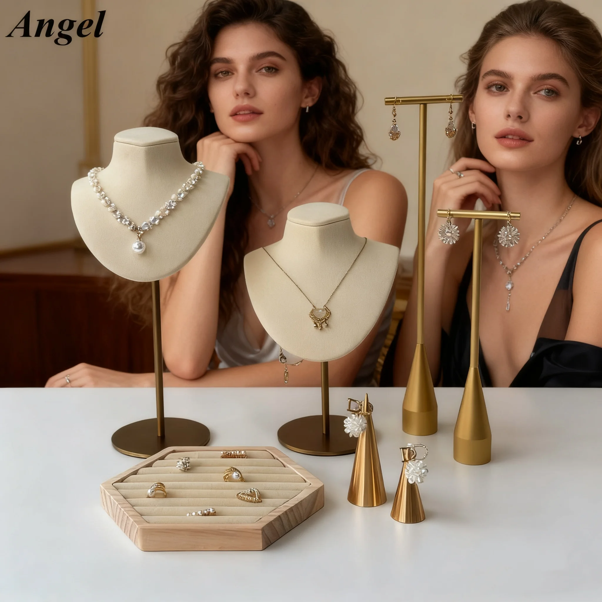 

New Arrival Jewelry Display Stand, High-End Velvet Finish Bust Mannequin with Metal Base for Necklace Ring Earring