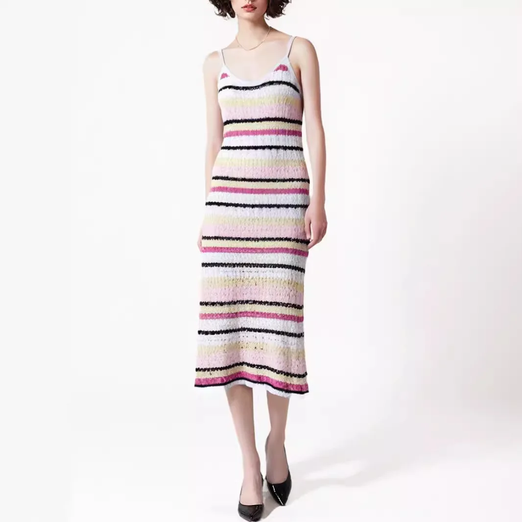 Multicoloured V-neck Knit Dress Sleeveless Vacation Maxi Sundress Summer Woman Clothing