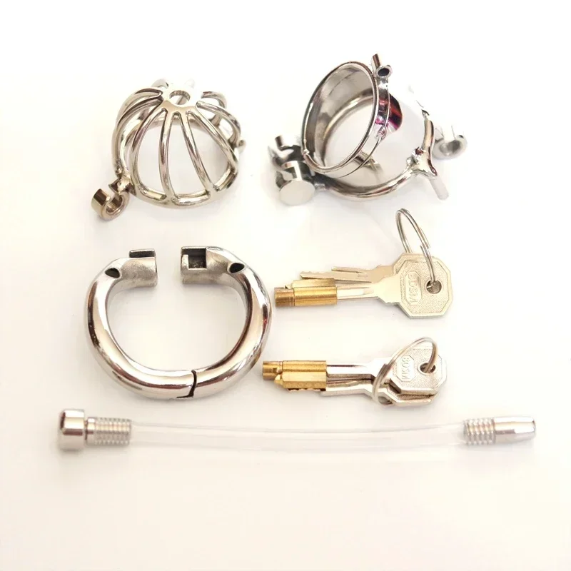 Double Lock Chastity Cage with Urethral Catheter Stainless Steel Male Chastity Devices Sex Toys for Men Penis Lock Cock Ring