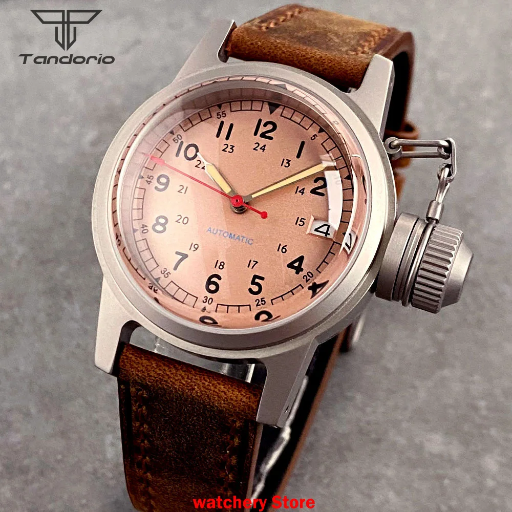 Customized 36mm NH35A Automatic Man Watch Big Crown Green Vintage Dial 3.8 Date Dome Sapphire Glass Sandblasted Case