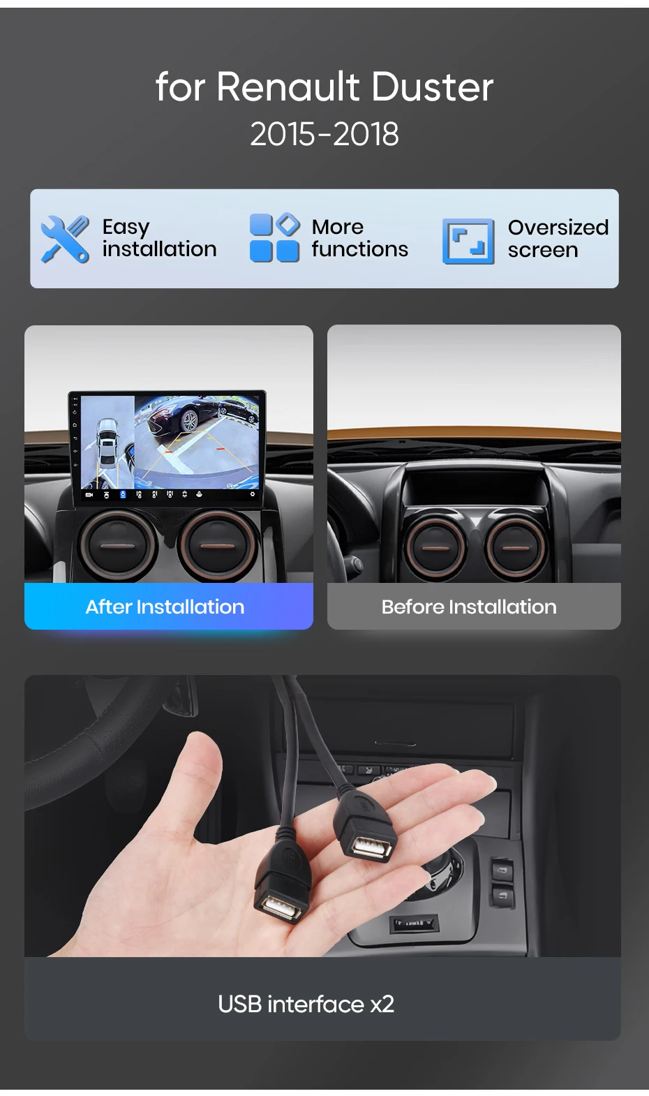 Junsun Autoradio für Renault Duster 2015 2016 2017 2018 CarPlay Android Auto FM RDS DSP BT GPS Navi SWC HD IPS Touchscreen Plug & Play Multimedia-Player Freisprecheinrichtung Original-Autostil-Haupteinheit – Detail 2
