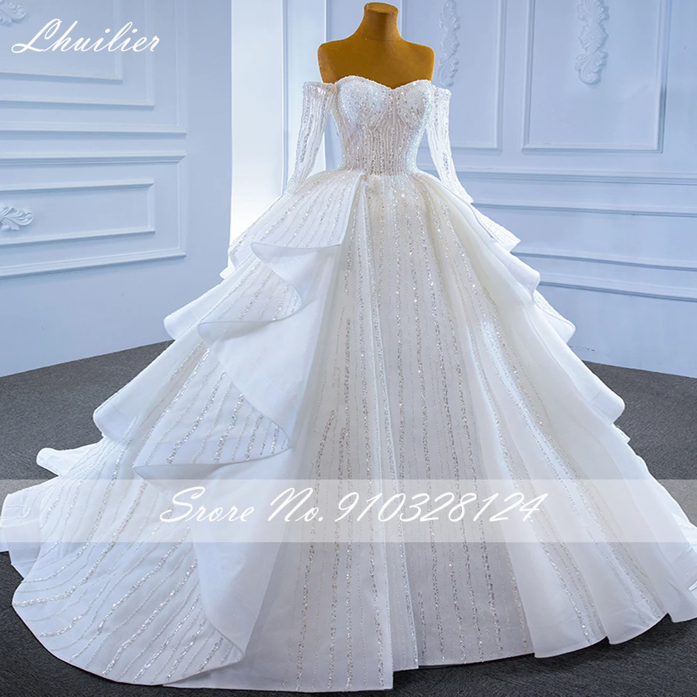 Lhuilier Women's Luxury A Line Boat Neck Ruffled Wedding Dresses Sleeveless Sequined Beaded Bridal Gown with Chapel Train