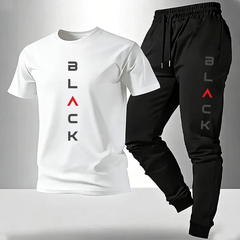 Schwarzes T-Shirt mit Buchstaben-Print und Jogginghose – Sommer 2026 Herren-Set – Hochwertiges Kurzarm-Outfit für Zuhause und Outdoor – Lässige T-Shirt-Sets – Detail 3