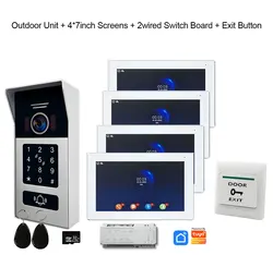 2 Wired BUS Video Intercom Doorbell Camera 1080P Tuya 7 Inch Touch Monitor With RFID Card Access For 4 Home Villa