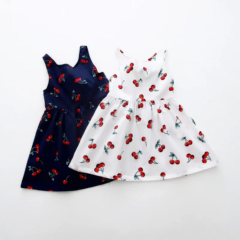 Summer Girls Fashion Vest Dress Korean Style Children Cotton Sleeveless Cherry Print Kids Dress for Girls Clothing 3T-7T